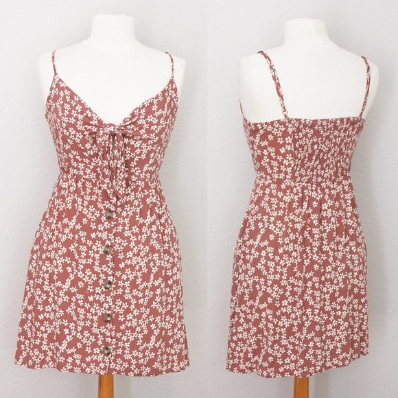 Mimi Chica Mauve Cream Floral Bow Tie Front Cutout Button Front Mini Dress M - Picture 3 of 9